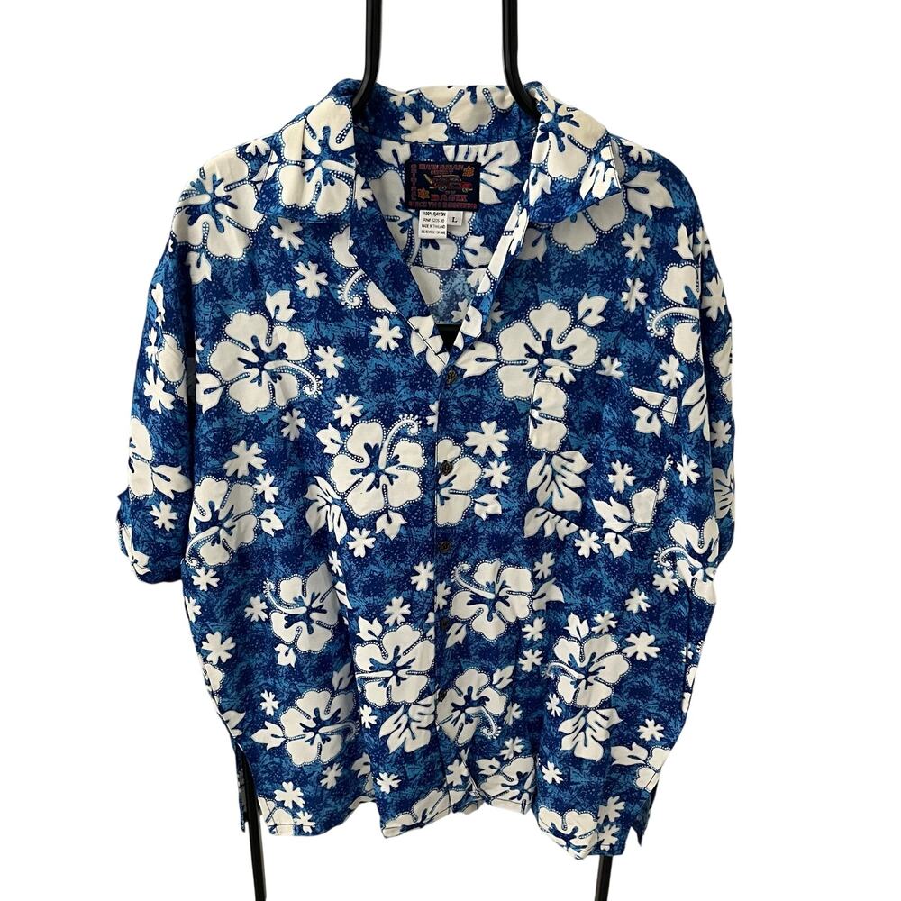 VTG Basix Hawaiian Shirt Men's LG Blue White Hibiscus Floral Aloha Rayon Camp